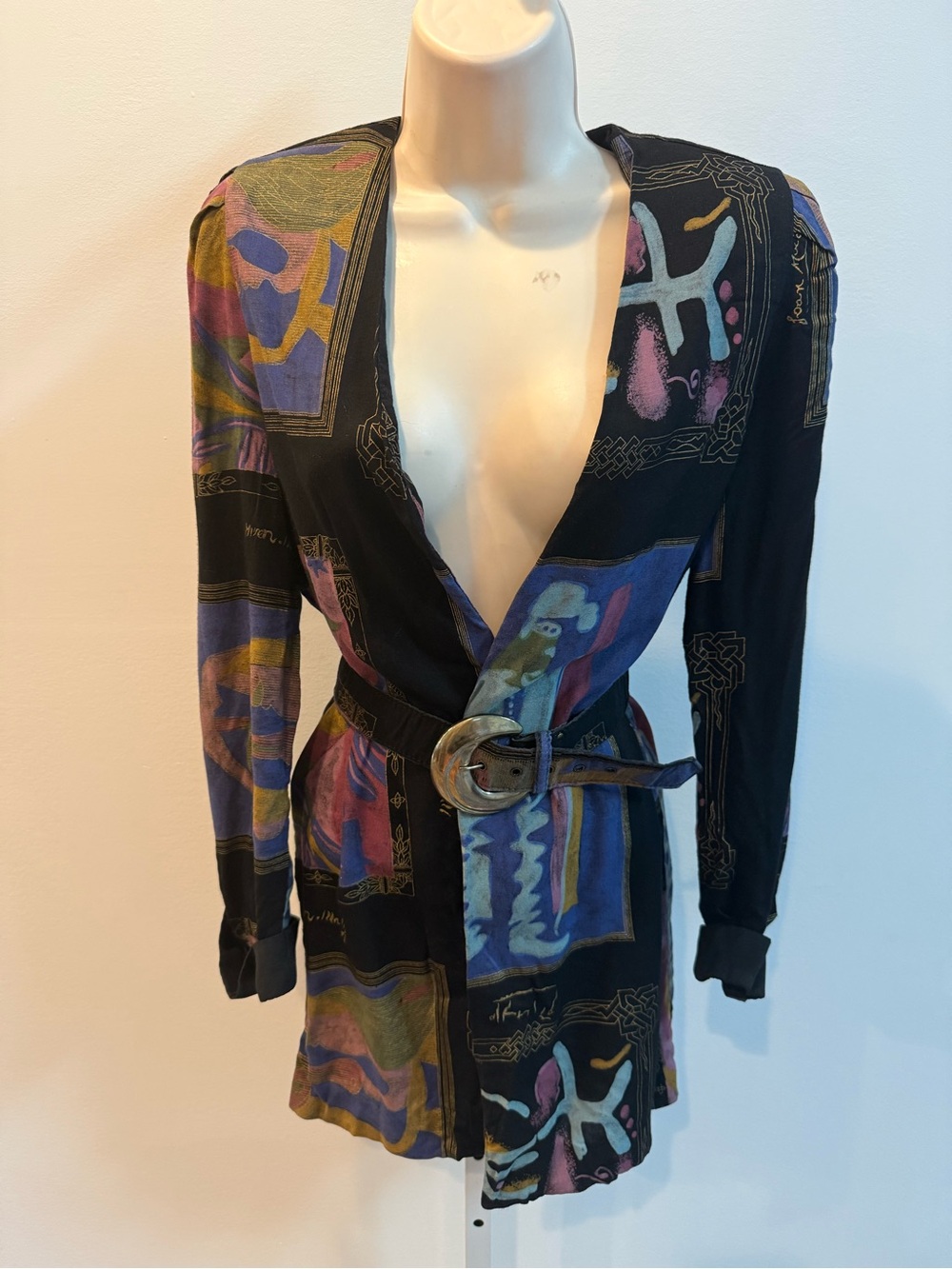 Vintage 90s Peri Petites Multi-Color Printed Belted Blazer  Bolt Abstract Print